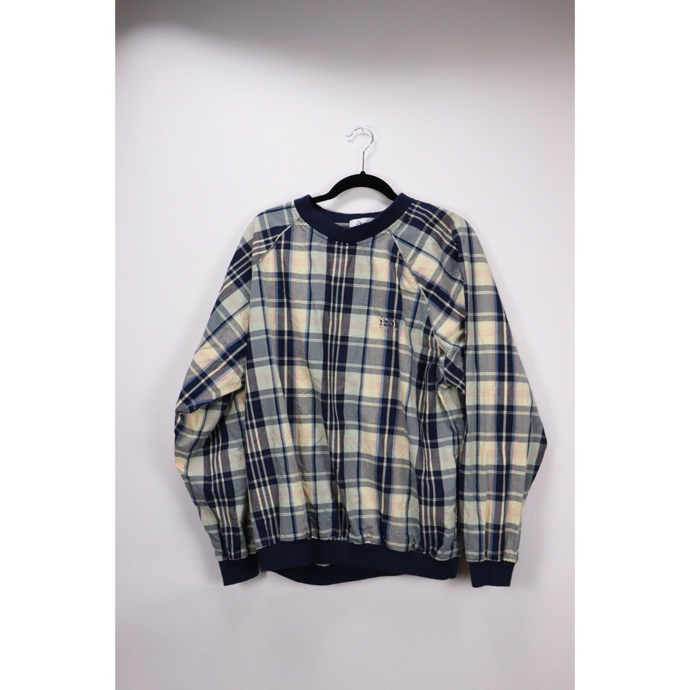 IZOD Golf Wind Pullover Mens Medium Blue Tartan Plaid Nylon Long Sleeve Jacket